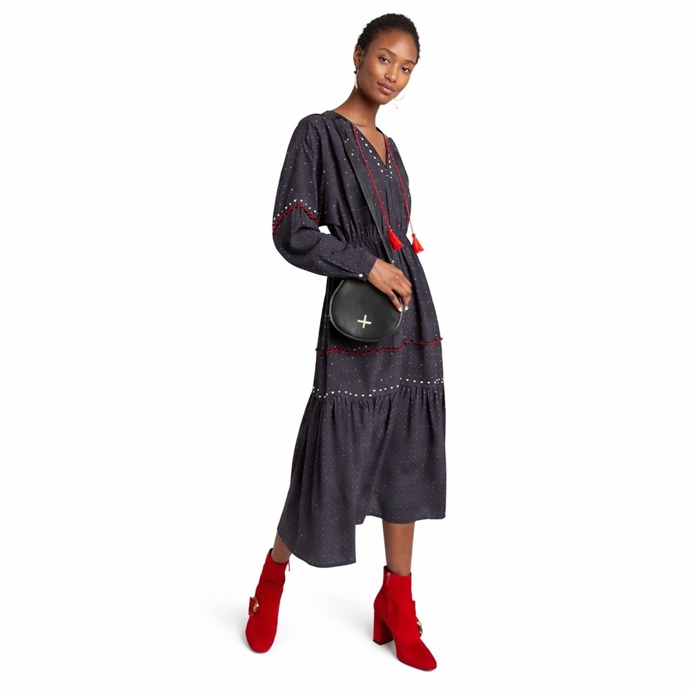 Anthro DOLAN XL Lindy Midi Dress 0702 Long Sleeve red black tiered peasant